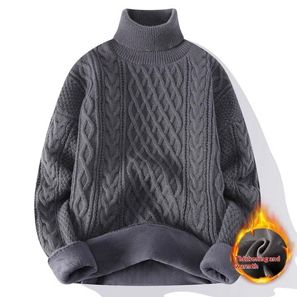 Round-neck high-neck fleece-lined solid-color sweater by My Store