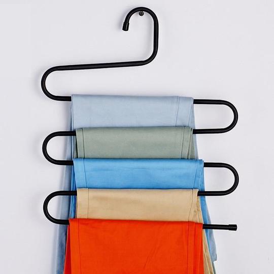 Magic non-slip S-type home pants rack in black metal, vertical closet hanger organizer