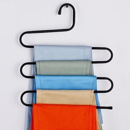 Magic non-slip S-type home pants rack in black metal, vertical closet hanger organizer
