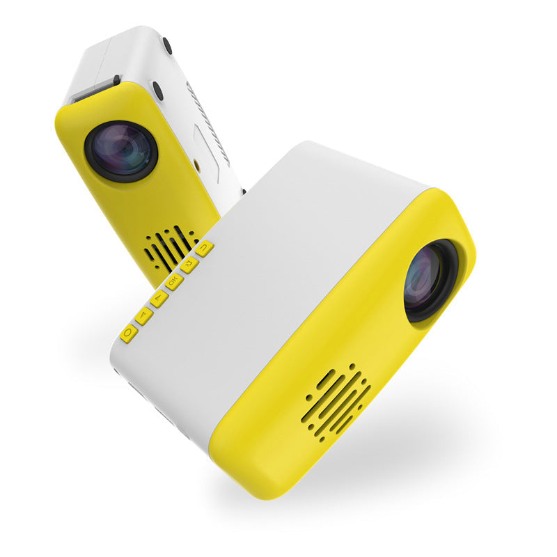 Miniature HD mini projector, compact design with lens and control buttons visible