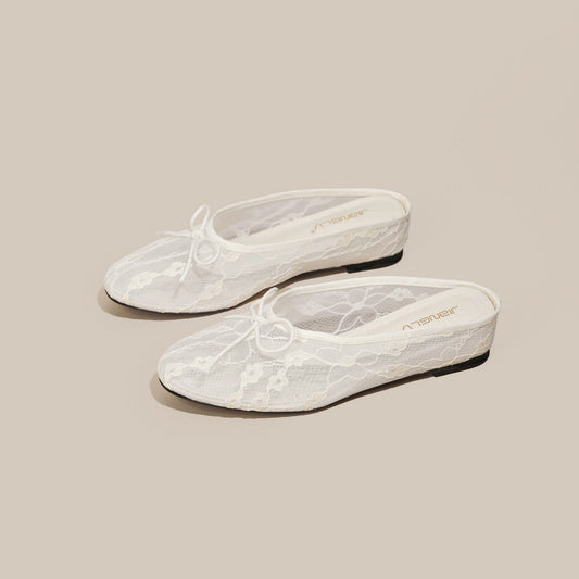 Black fishnet closed-toe half slippers with 4cm hidden heel, bow-knot lace, and breathable hollow-out design