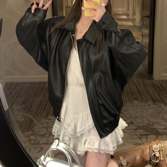 Women's American-style vintage leather jacket, short design
