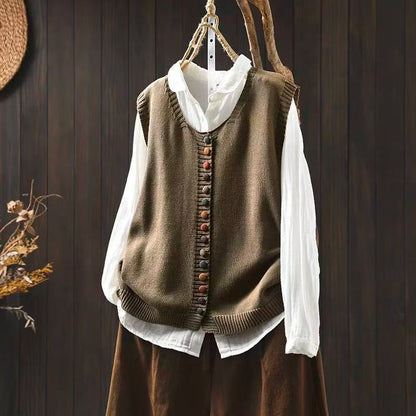 Colored button cotton thread knitted vest with multicolor buttons and textured knit detail