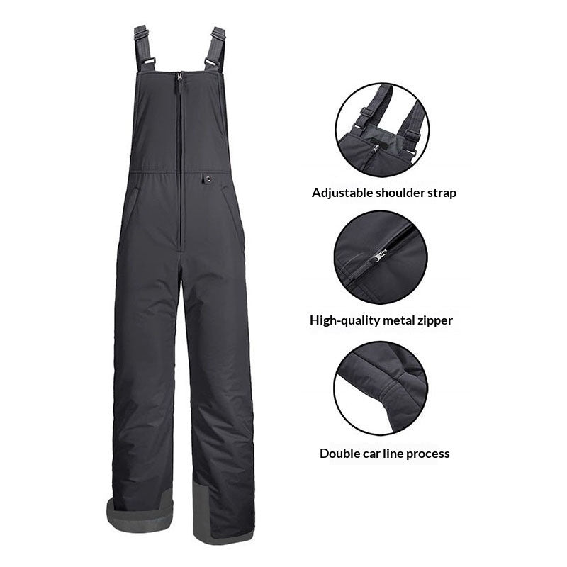 Outdoor ski overalls with waterproof, windproof fabric and extra-thick insulation, front zipper and adjustable straps