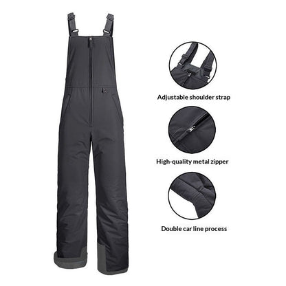 Outdoor ski overalls with waterproof, windproof fabric and extra-thick insulation, front zipper and adjustable straps