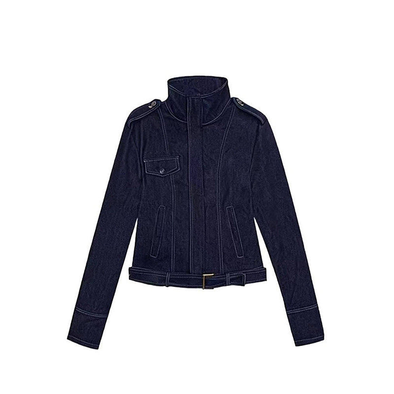 High-neck waist-cinched short jacket for women in a tailored silhouette
