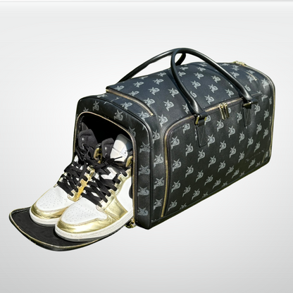 Black leather I AM monogram training duffel bag by iReliev, luxury fitness bag with durable handles and spacious interior.