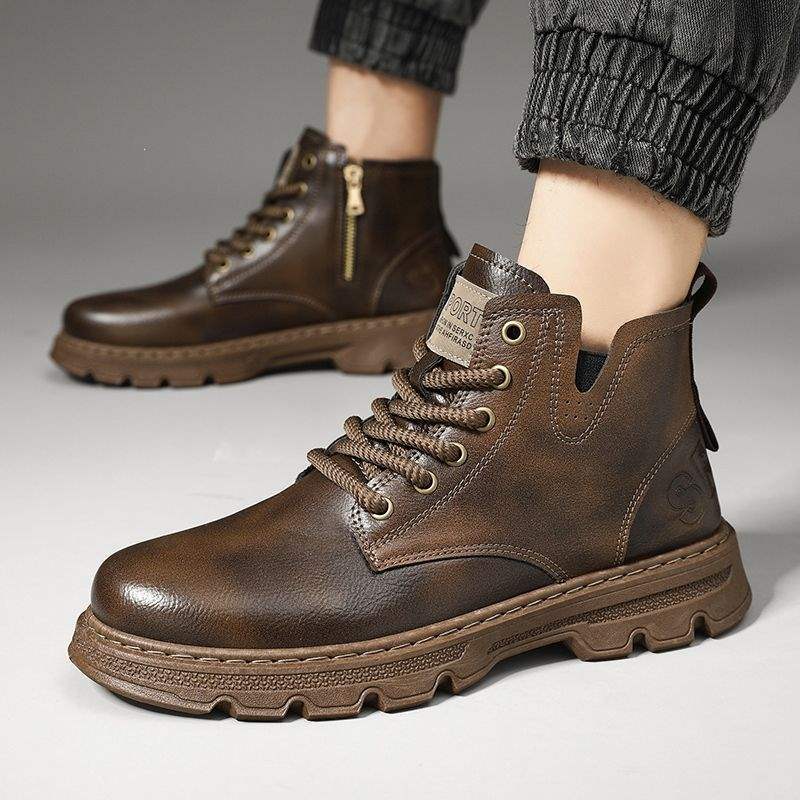 Men's spring casual high-top leather boots, side view showing textured leather upper and lace-up design
