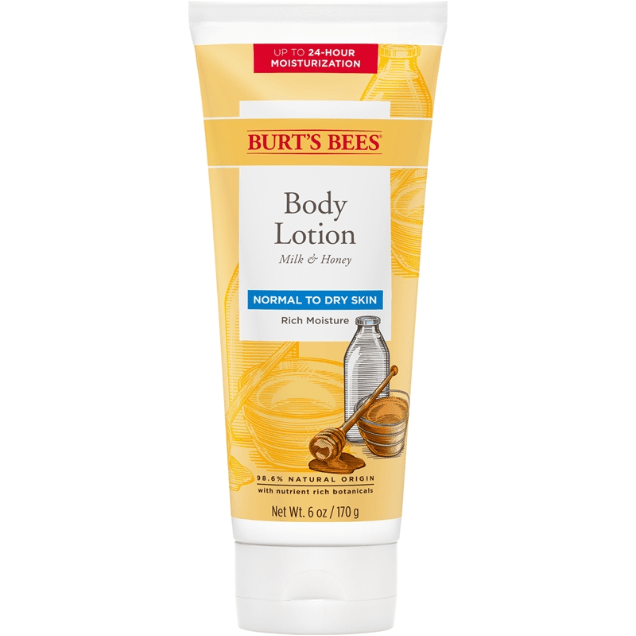 Bottle of Burt's Bees Naturally Nourishing Milk & Honey Body Lotion in a 6oz container, showcasing the product label and packaging.