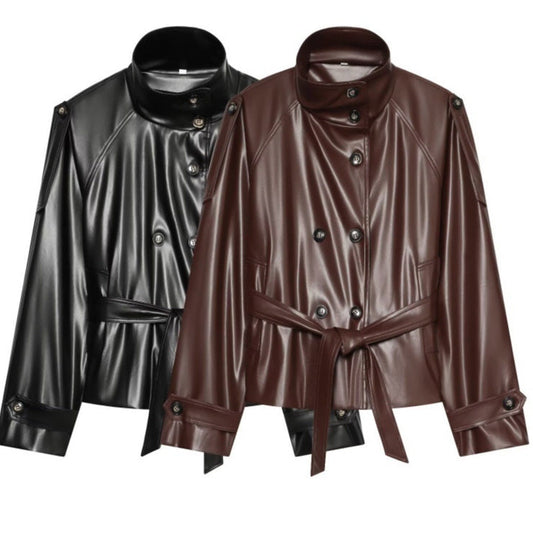 Women's autumn/winter double-breasted leather jacket in classic style