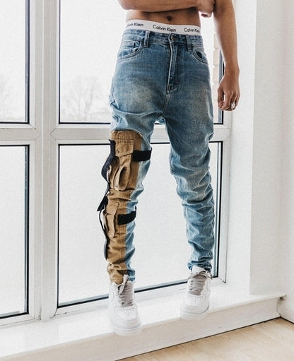 BackUPMYFILESNOW® Rugged Artisan Jeans displayed on a hanger, showcasing durable denim with a classic fit and detailed stitching.