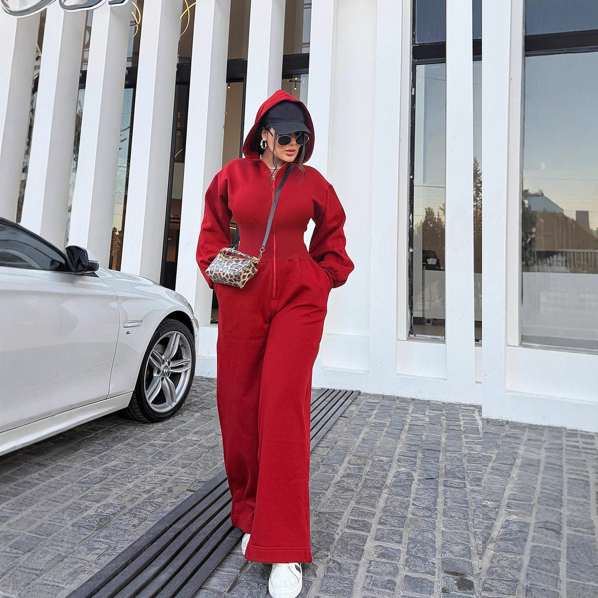 Hooded zip-up stretch-waist jumpsuit in a full-length design by My Store