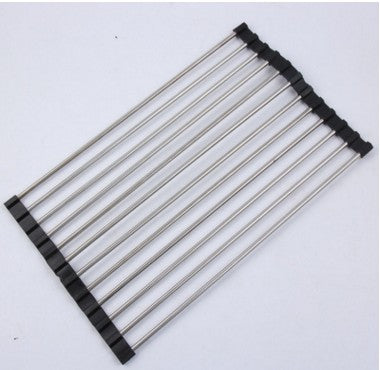 Folding kitchen drain sink rack in stainless steel, shown open over a sink