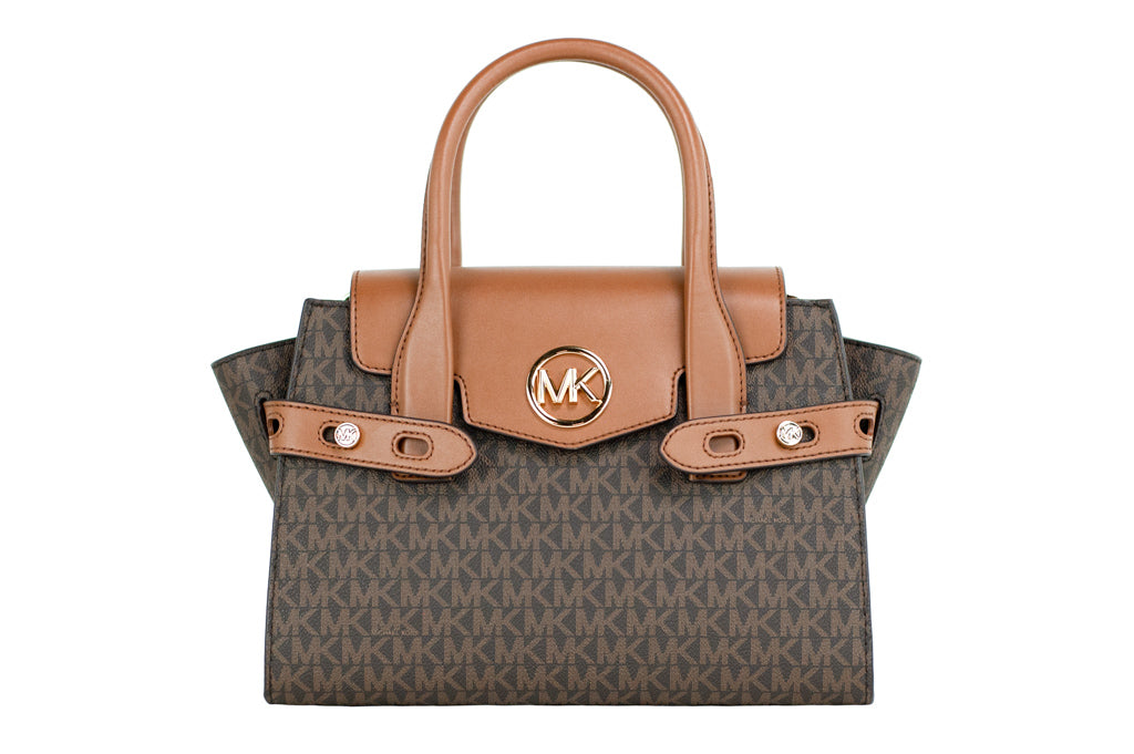 Brown Michael Kors Carmen Signature satchel with structured design and top handles, featuring signature logo pattern and gold-tone hardware.