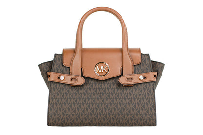 Brown Michael Kors Carmen Signature satchel with structured design and top handles, featuring signature logo pattern and gold-tone hardware.