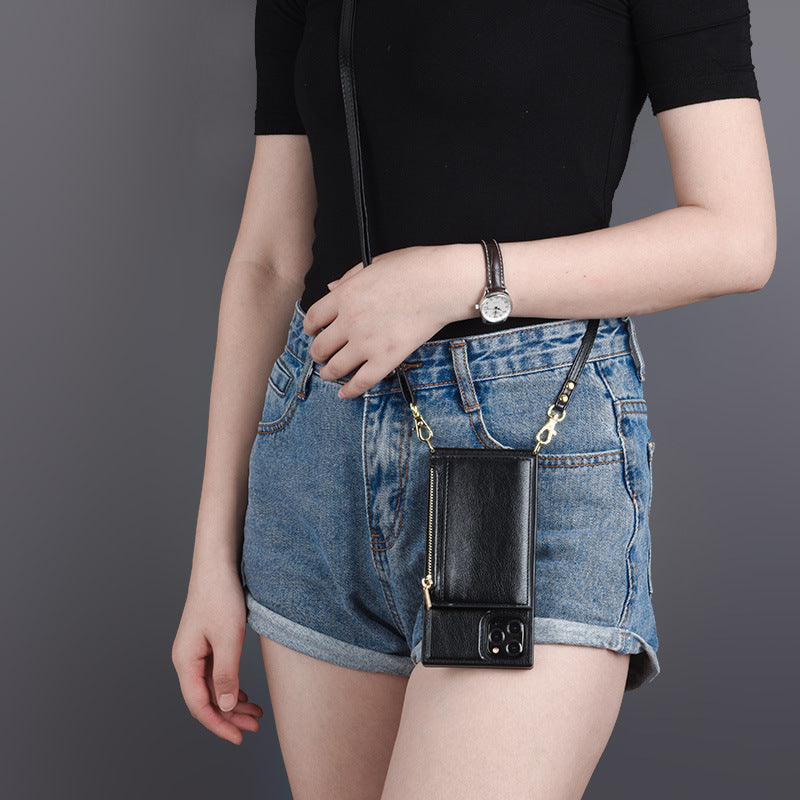 Crossbody backpack style coin card case phone case with adjustable strap and compact design