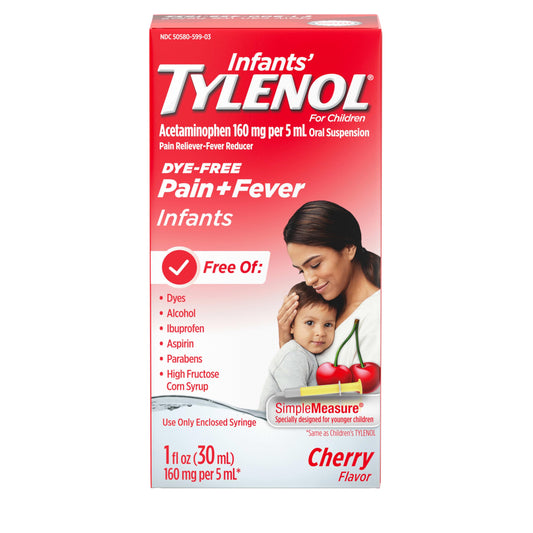 Cherry-flavored Tylenol Baby Pain Reliever and Fever Reducer liquid in a 1 fl oz bottle, designed for infants.