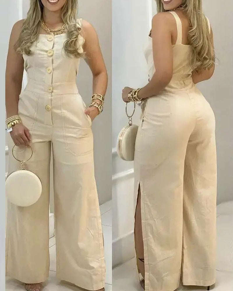 BACKUPMYFILESNOW® vest jumpsuit, stylish and comfortable, featuring a fitted waist and sleeveless design, shown in a neutral color.