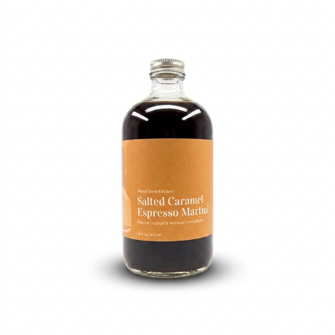 Wood Stove Kitchen Salted Caramel Espresso Martini cocktail and mocktail mixer in a 16oz bottle, ready to add rich caramel and coffee flavor