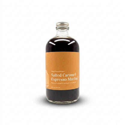 Wood Stove Kitchen Salted Caramel Espresso Martini cocktail and mocktail mixer in a 16oz bottle, ready to add rich caramel and coffee flavor
