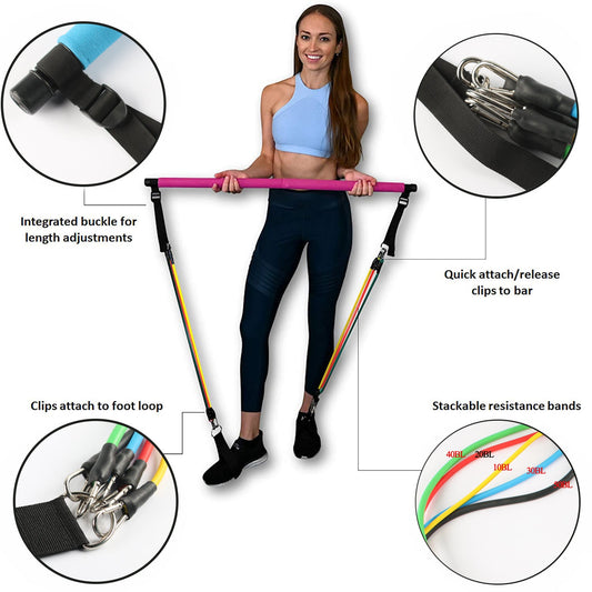 Portable yoga Pilates bar with elastic resistance bands for home gym bodybuilding workouts