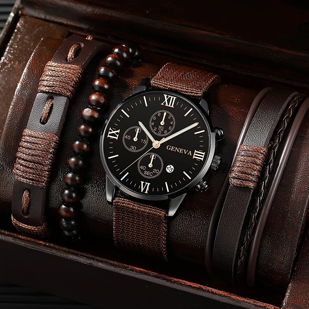 Single calendar fake three-eye canvas quartz watch bracelet set in black, featuring a round dial and woven strap