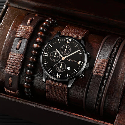 Single calendar fake three-eye canvas quartz watch bracelet set in black, featuring a round dial and woven strap