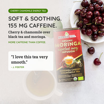 Organic Moringa Energy Tea by Miracle Tree featuring cherry and chamomile, a natural coffee alternative with vibrant tea leaves and herbs.