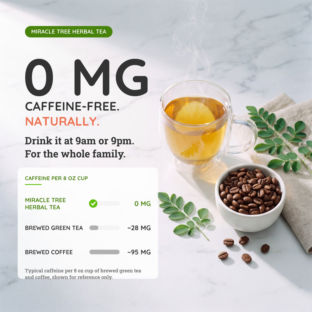 Organic Miracle Tree Moringa Herbal Tea with pumpkin spice flavor, caffeine-free and infused with natural herbs for a warm, aromatic brew.
