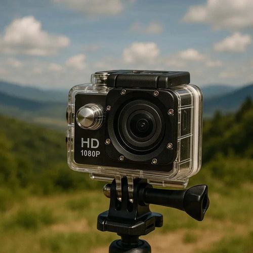 Waterproof HD action camera 1080P mounted outdoors with scenic mountain background