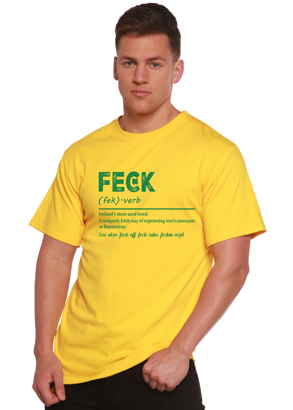 Mens Feck Irish St. Patrick's Day unisex bamboo cotton graphic T-shirt by Spun Bamboo with festive printed design.