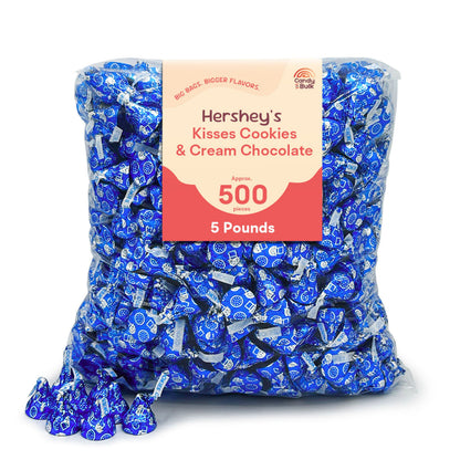 Hershey's Kisses Cookies 'n' Creme chocolate candies in a bulk value bag, featuring white creme and chocolate coating, from Candy In Bulk.