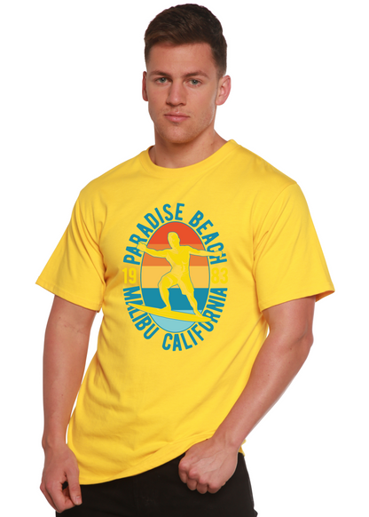 Spun Bamboo Paradise Beach 1983 men's graphic T-shirt with short sleeves, bamboo viscose and organic cotton fabric, featuring a beach-themed print.