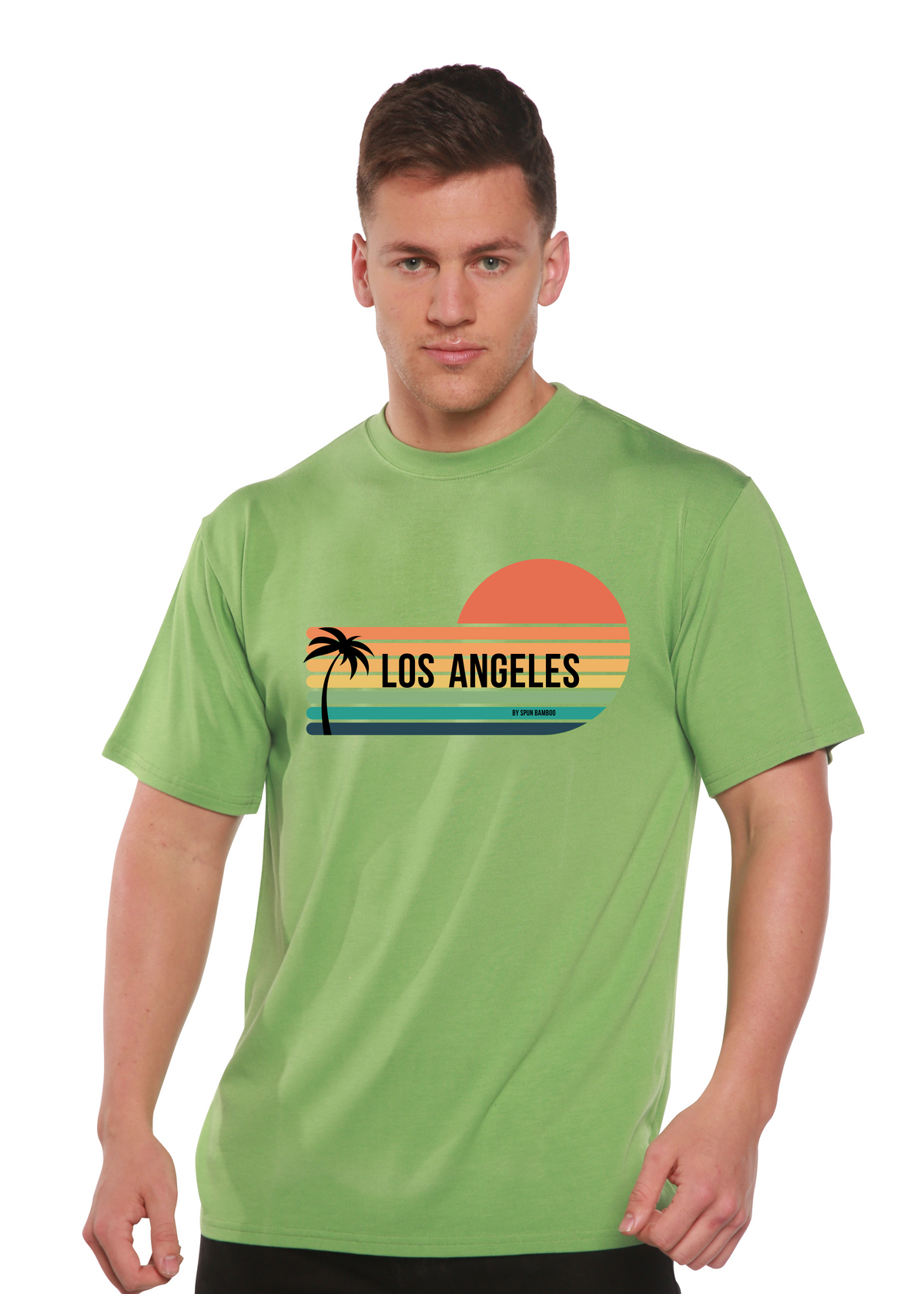 Unisex Los Angeles Spun Bamboo graphic T-shirt with short sleeves, featuring a cityscape print in bamboo viscose and organic cotton fabric.