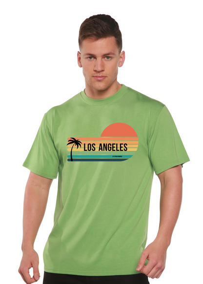 Unisex Los Angeles Spun Bamboo graphic T-shirt with short sleeves, featuring a cityscape print in bamboo viscose and organic cotton fabric.