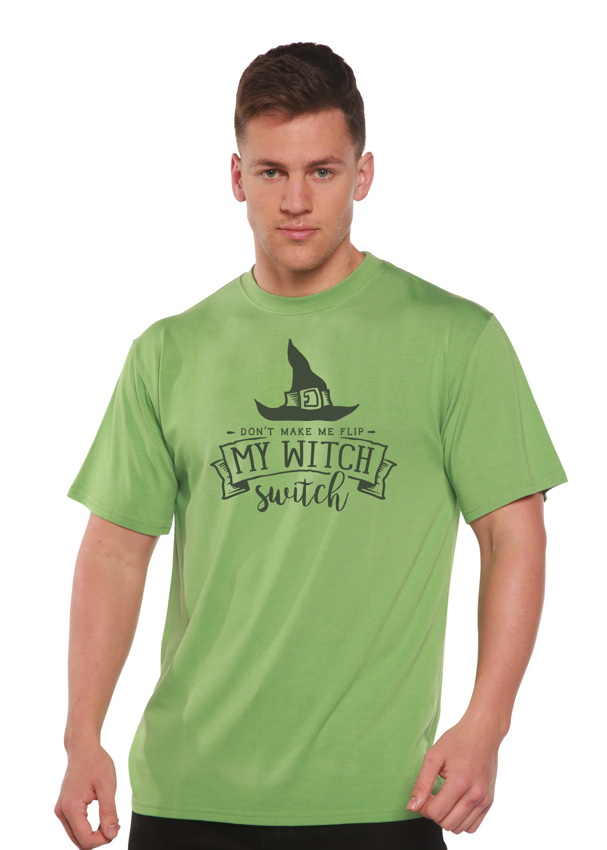 Spun Bamboo men's unisex graphic t-shirt with short sleeves, featuring a witch print in bamboo viscose and organic cotton fabric.