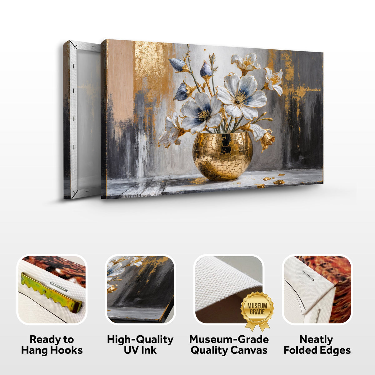 Gold abstract canvas wall art featuring a magnolia bloom design by Tailored Canvases, perfect for modern home decor.