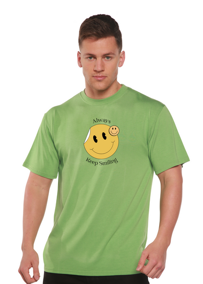 Men's printed graphic T-shirt by Spun Bamboo featuring a smiling design in bamboo viscose and organic cotton fabric.