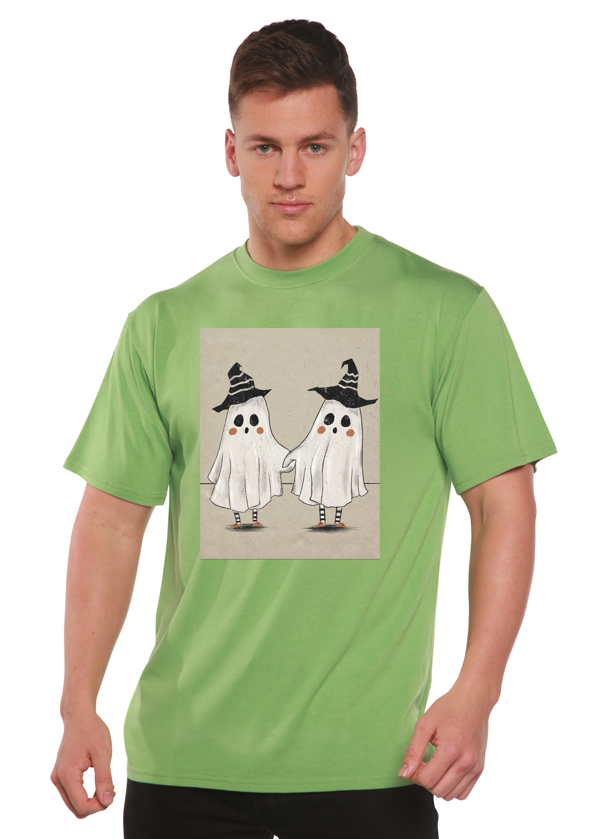 Spun Bamboo men's short sleeve graphic T-shirt featuring a cute ghost design in bamboo viscose and organic cotton fabric.