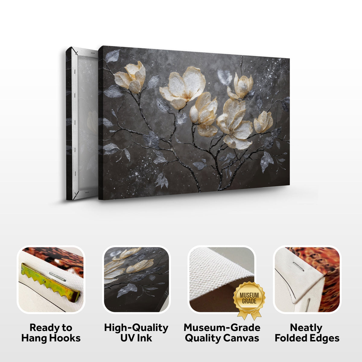 Canvas wall art featuring elegant midnight magnolias in dark tones, designed by Tailored Canvases for sophisticated home decor.