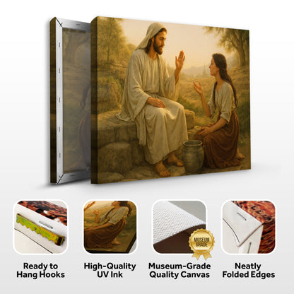 Canvas wall art featuring the Samaritan at the Well biblical scene, created by Tailored Canvases.