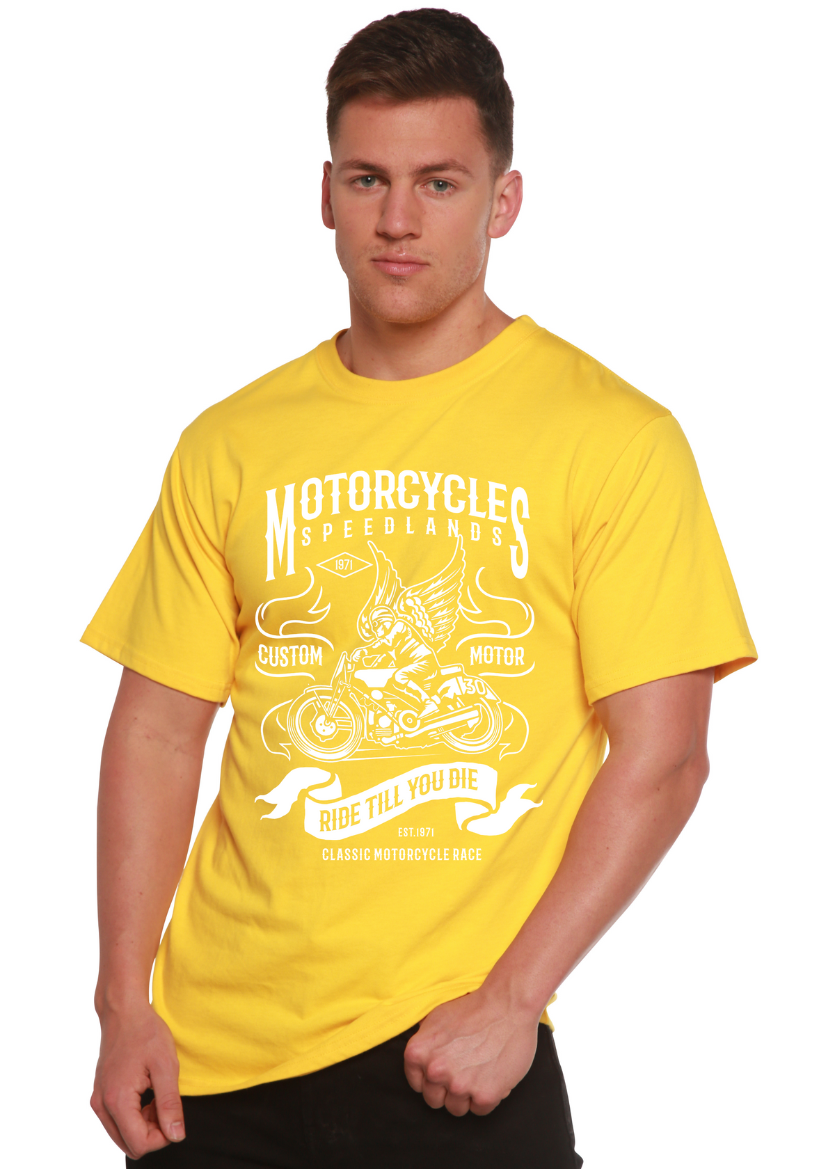 Men's printed T-shirt by Spun Bamboo featuring a motorcycle graphic, made from bamboo viscose and organic cotton fabric.