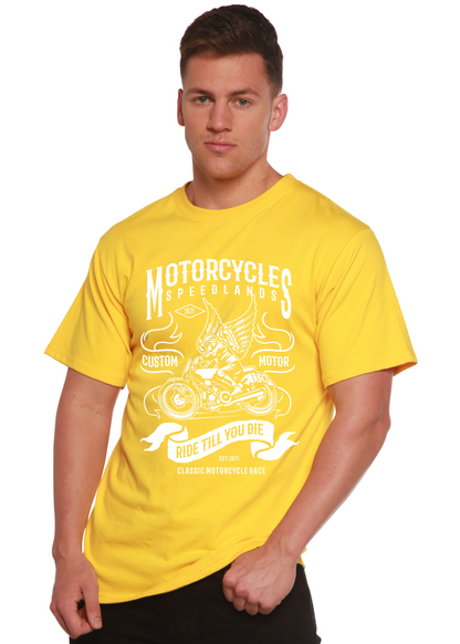 Men's printed T-shirt by Spun Bamboo featuring a motorcycle graphic, made from bamboo viscose and organic cotton fabric.