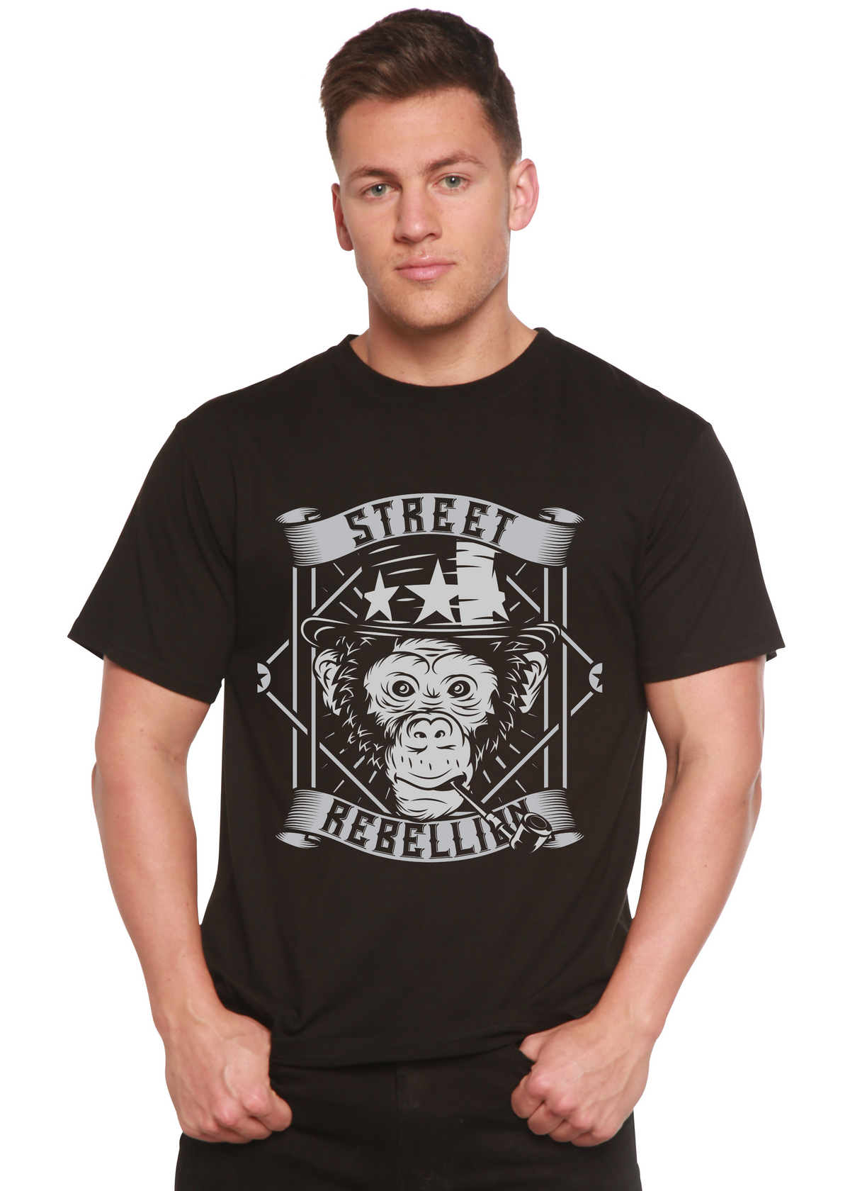 Men's graphic T-shirt by Spun Bamboo featuring short sleeves and bamboo viscose organic cotton fabric with a printed design.