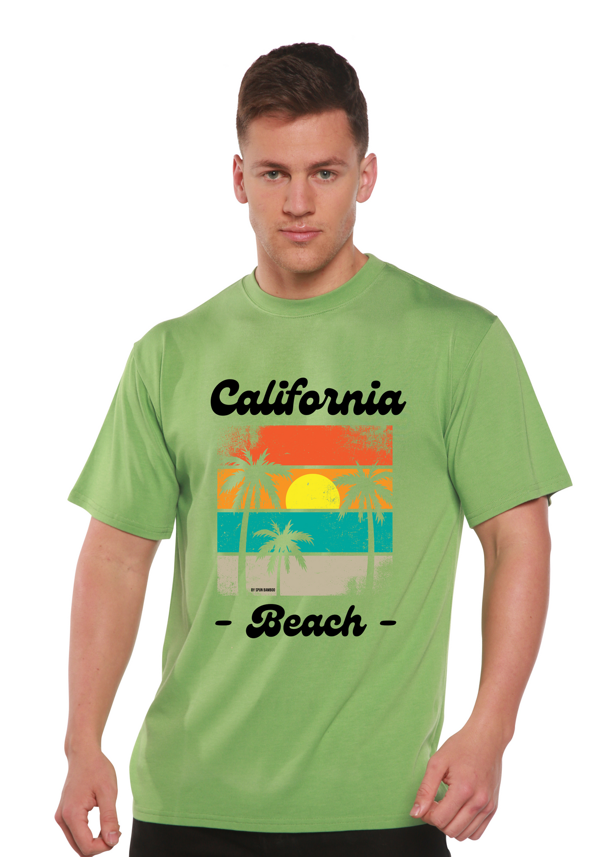 Spun Bamboo men's printed short sleeve graphic T-shirt featuring California Beach design in bamboo viscose and organic cotton fabric.