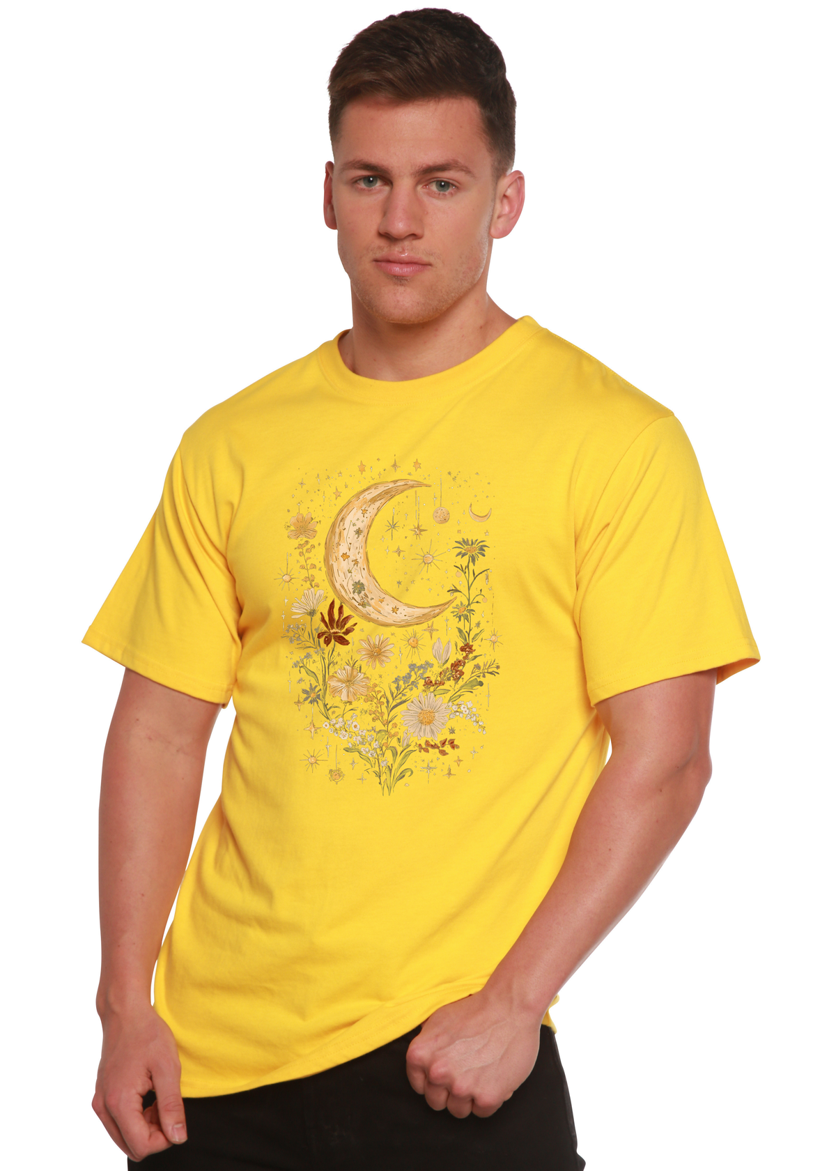 Men's printed T-shirt by Spun Bamboo featuring celestial moon, boho flowers, vintage design, made from bamboo and cotton fabric.