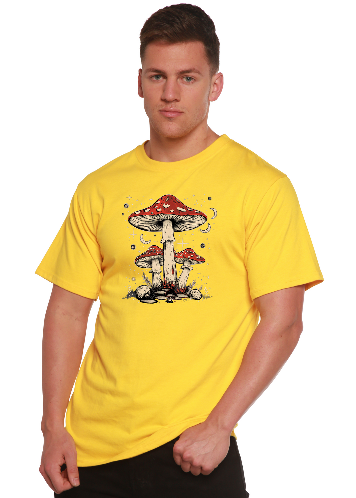 Men's boho retro hippie T-shirt by Spun Bamboo featuring mushroom graphic, natural bamboo and cotton fabric, unisex design.