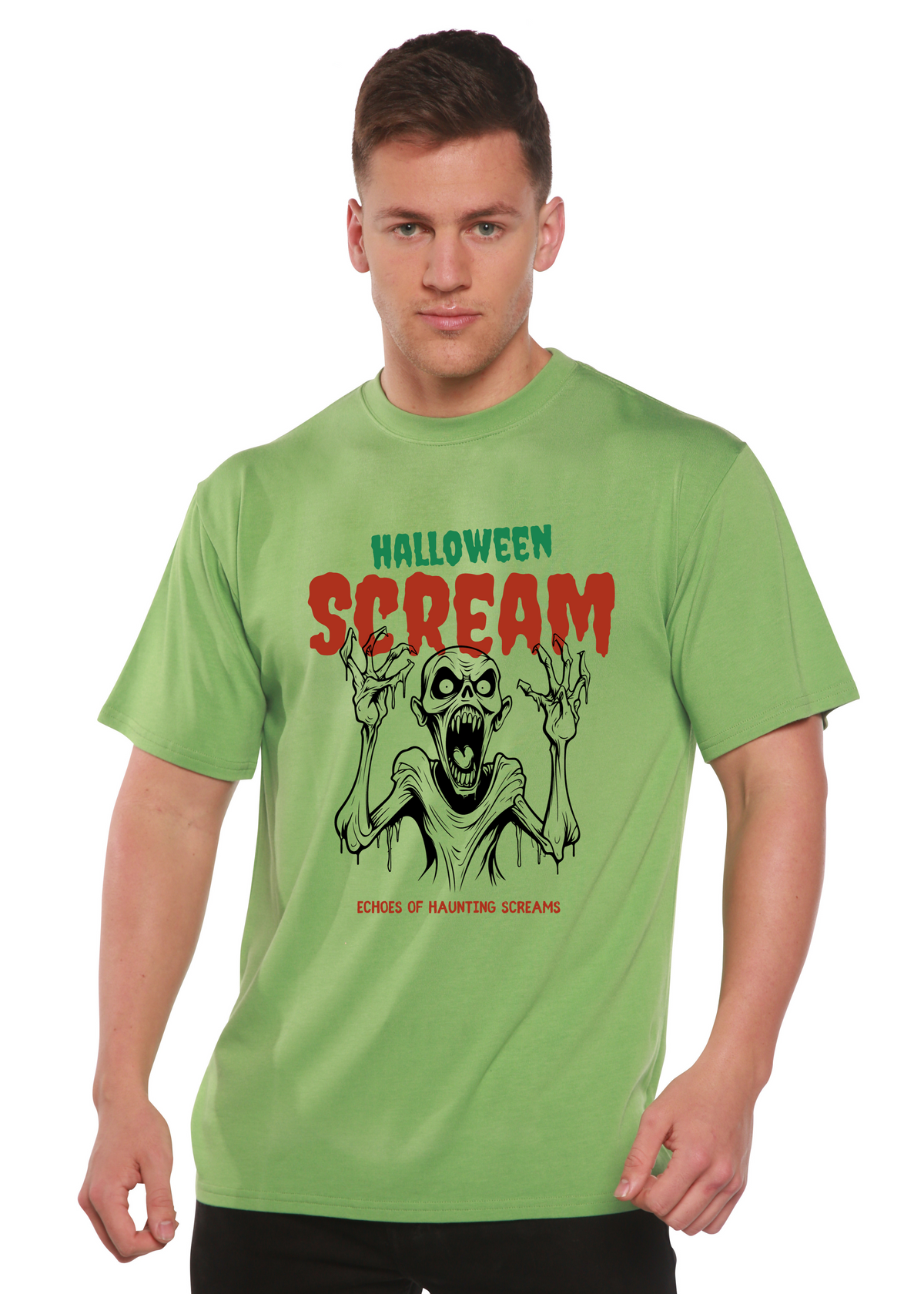 Men's Halloween Scream graphic T-shirt by Spun Bamboo, short sleeve shirt made from bamboo viscose and organic cotton, with spooky print.