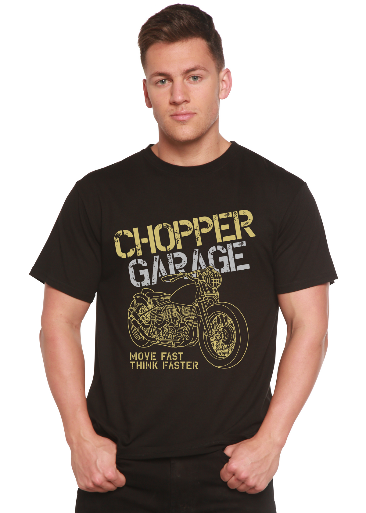 Men's printed T-shirt from Spun Bamboo featuring a graphic design, made of bamboo viscose and organic cotton, short sleeve style.