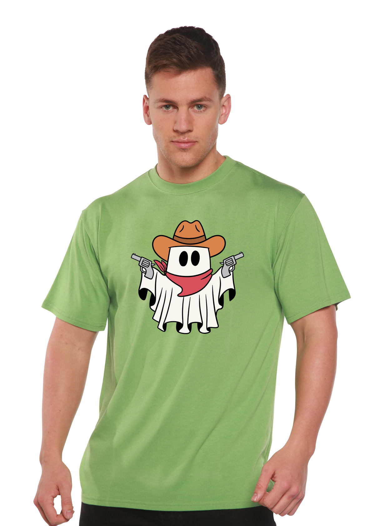 Spun Bamboo cowboy ghost unisex graphic t-shirt with short sleeves, featuring a printed ghost design on bamboo viscose and organic cotton fabric.